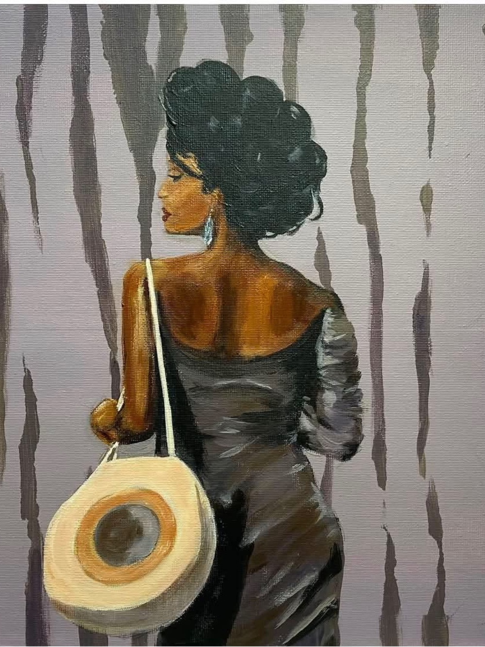 Elegant Black Woman with Handbag Acrylic, 12”x12”
canvas, hand painted.